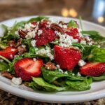 Close-up of a vibrant Spring Mix Salad with Strawberries and Goat Cheese, topped with pecans.