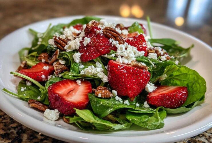 Close-up of a vibrant Spring Mix Salad with Strawberries and Goat Cheese, topped with pecans.