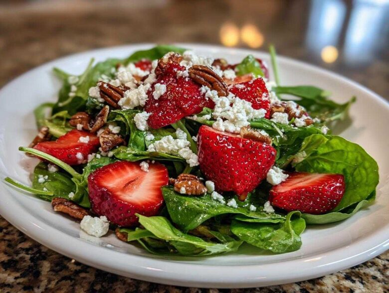 Close-up of a vibrant Spring Mix Salad with Strawberries and Goat Cheese, topped with pecans.