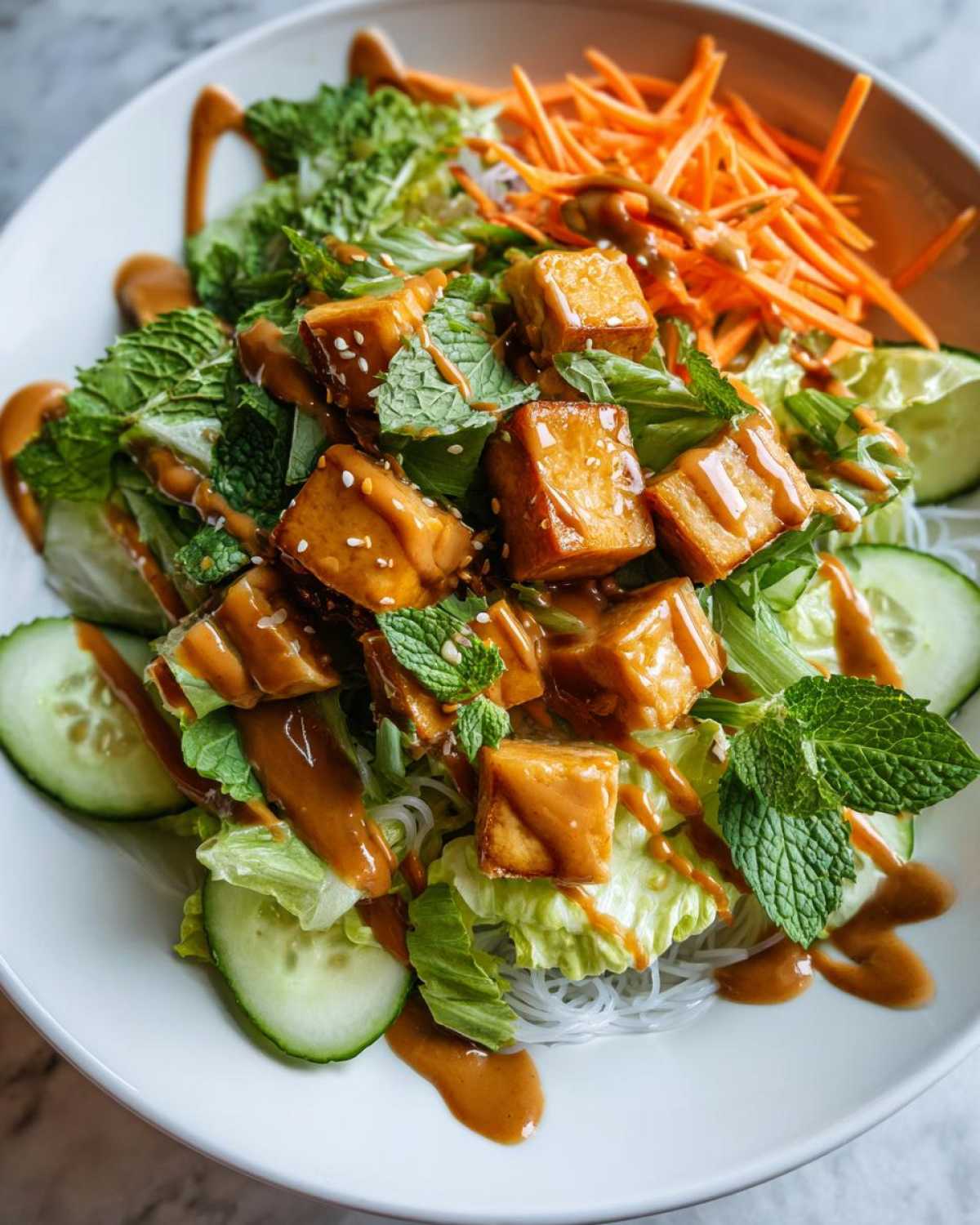 Close-up of a vibrant Spring Roll Bowl with Peanut Sauce, featuring crispy tofu, lettuce, cucumber, carrots, and fresh mint.