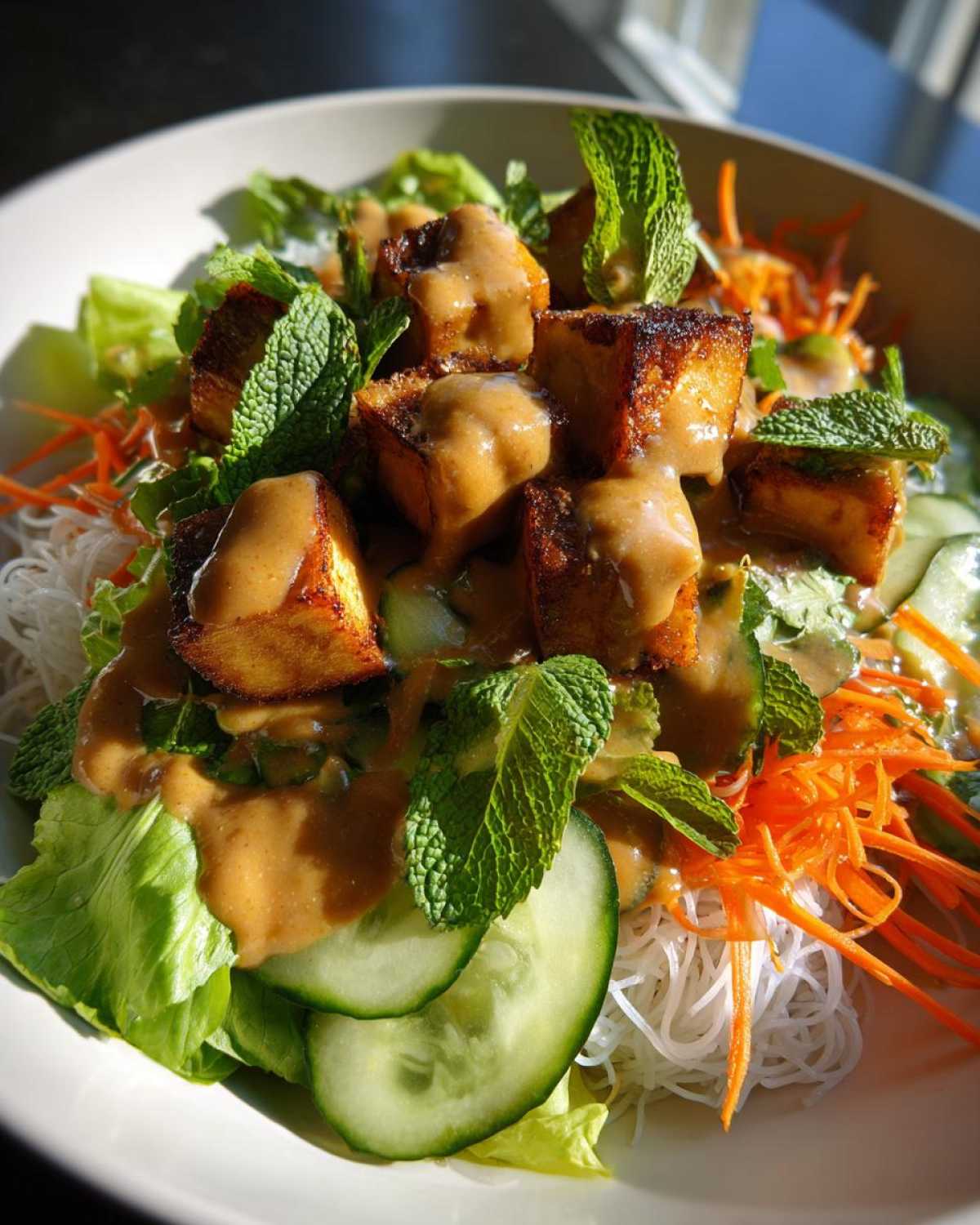Close-up of a vibrant Spring Roll Bowl with Peanut Sauce, featuring crispy tofu, rice noodles, shredded carrots, cucumber, and fresh mint.