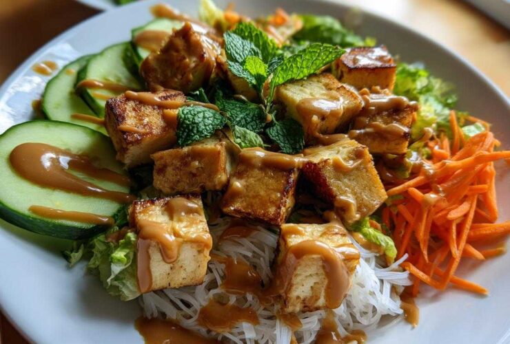 Close-up of a Spring Roll Bowl with Peanut Sauce featuring crispy tofu, vermicelli noodles, shredded carrots, cucumber, and mint.