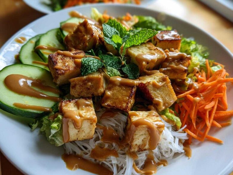 Close-up of a Spring Roll Bowl with Peanut Sauce featuring crispy tofu, vermicelli noodles, shredded carrots, cucumber, and mint.