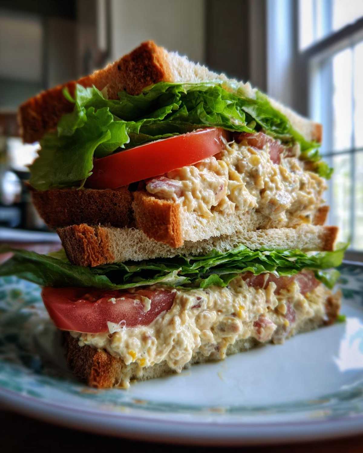 A tall, stacked Vegan Chickpea Salad Sandwich featuring creamy filling, lettuce, and tomato on toasted bread.