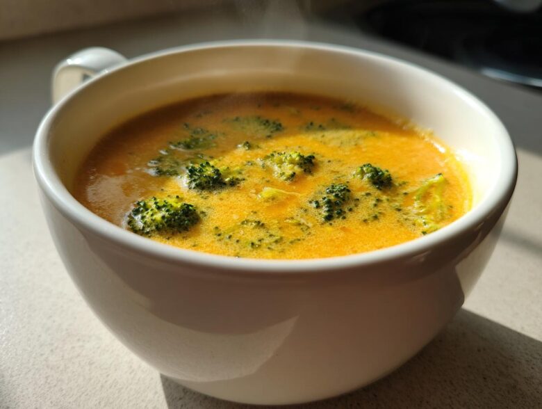 Close-up of a steaming white mug filled with bright orange Copycat Broccoli Cheddar Soup, featuring visible florets of green broccoli.