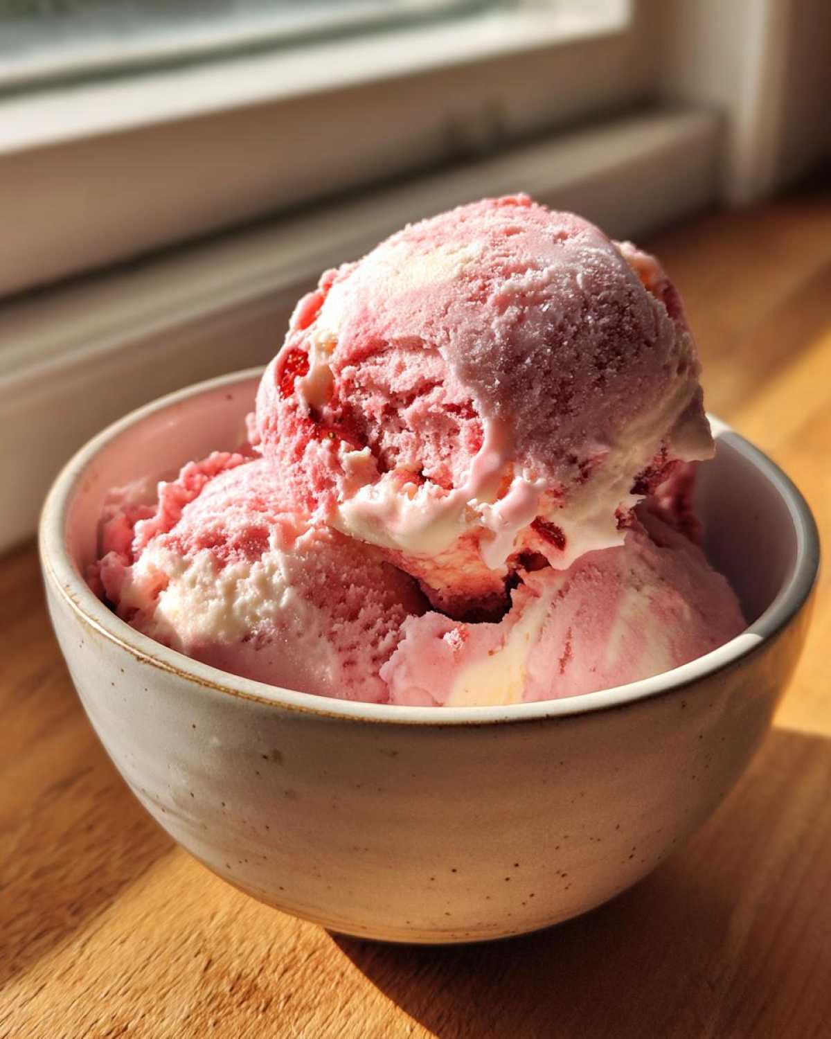 Three scoops of pink and white Strawberry Banana Ice Cream served in a speckled ceramic bowl.