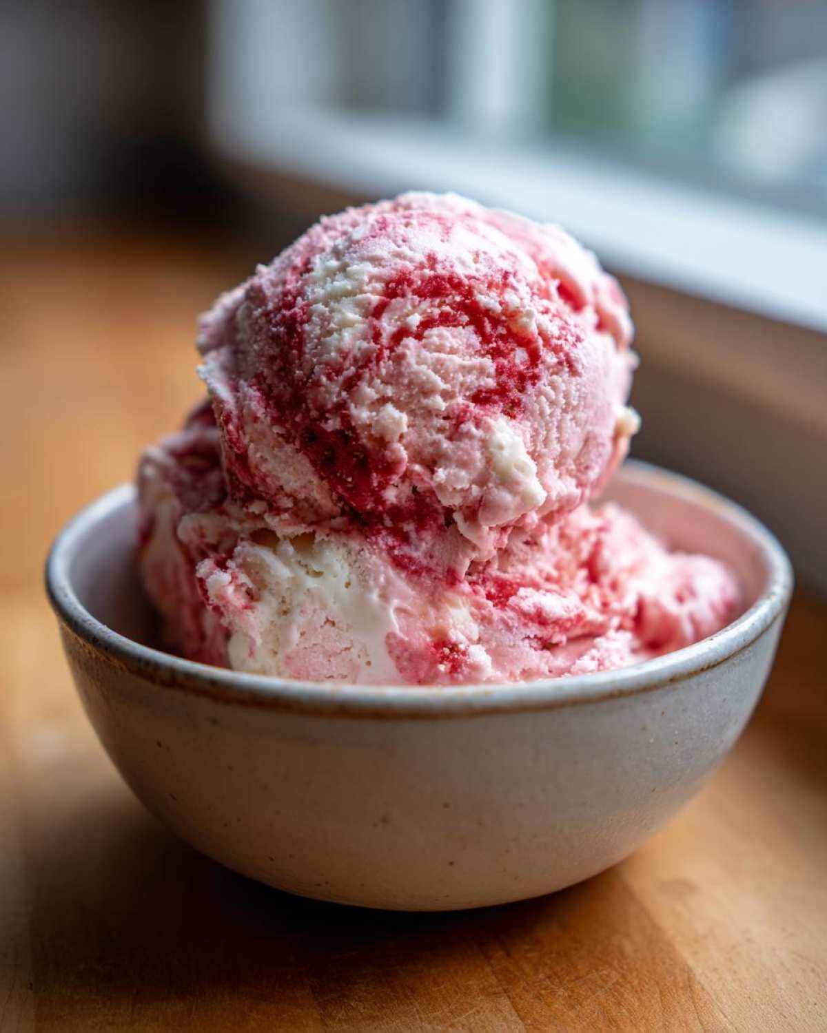 Close-up of two scoops of marbled pink and white Strawberry Banana Ice Cream in a small ceramic bowl.