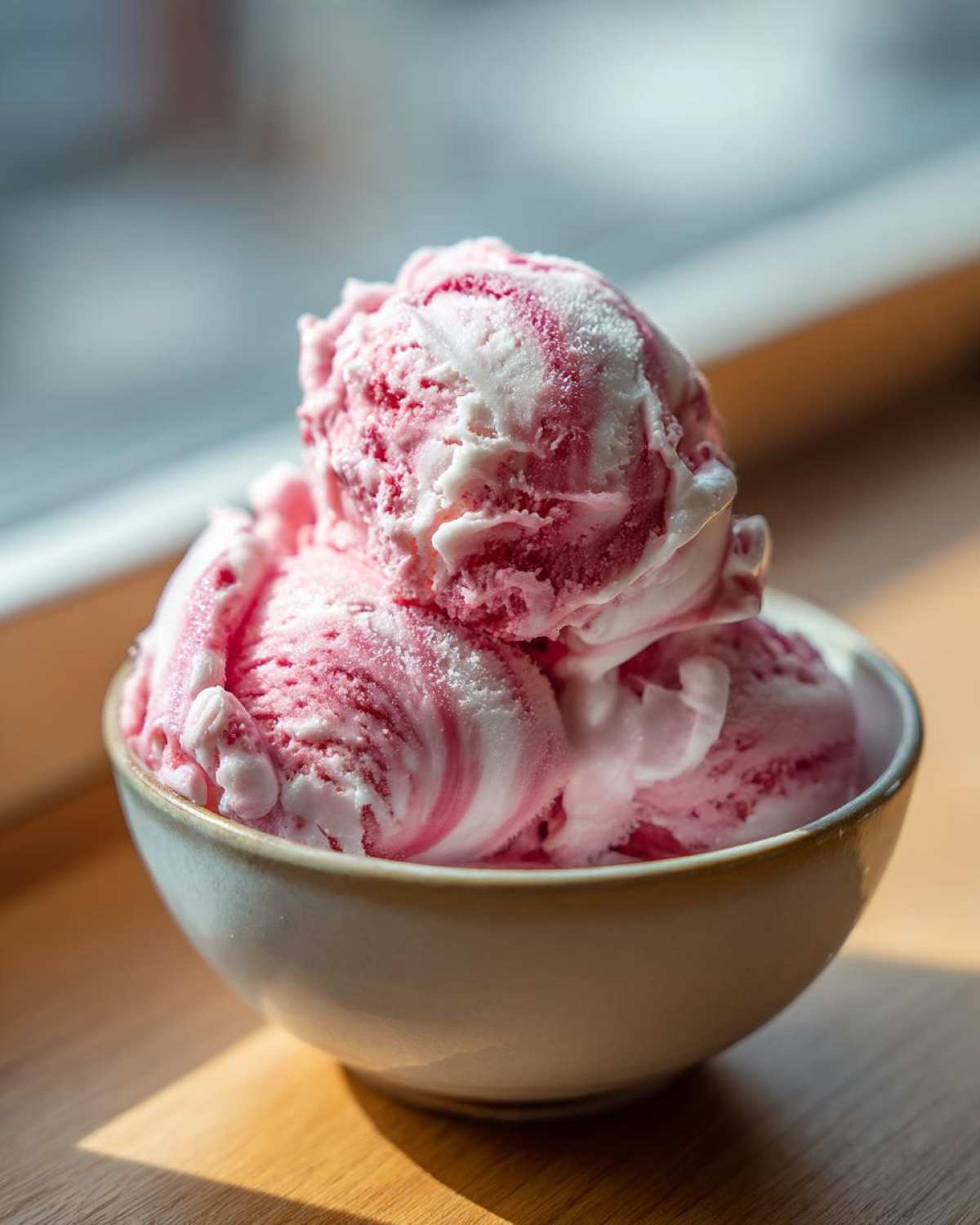 Three scoops of pink and white swirled Strawberry Banana Ice Cream served in a small ceramic bowl.
