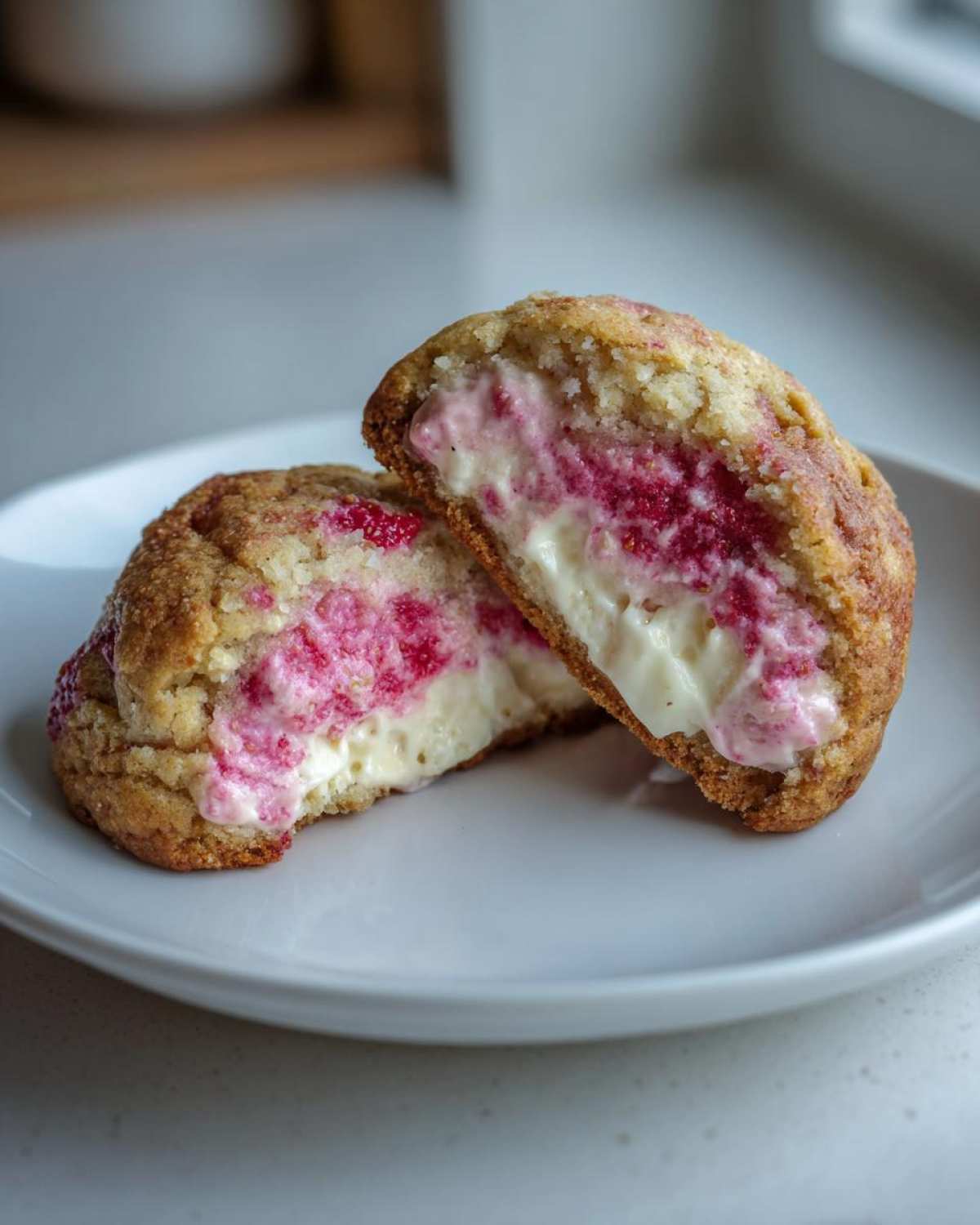 A Strawberry Cheesecake Stuffed Cookie cut in half showing the creamy white and bright pink strawberry filling.