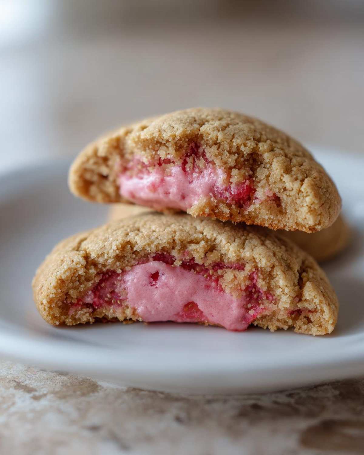 Two halves of a Strawberry Cheesecake Stuffed Cookie stacked, showing the gooey, pink strawberry cheesecake filling inside.