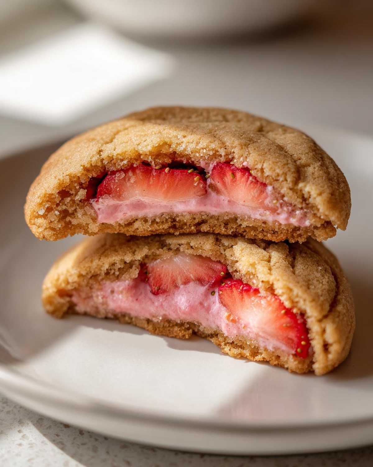 Two halves of a Strawberry Cheesecake Stuffed Cookie stacked, showing the creamy pink filling and fresh strawberry slices inside.
