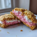 Close-up of Strawberry Cheesecake Stuffed Cookies cut in half, showing the thick pink filling.