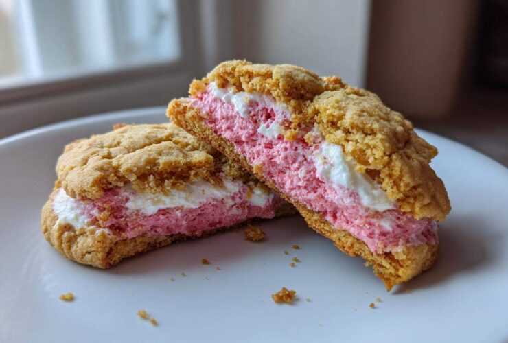 Close-up of Strawberry Cheesecake Stuffed Cookies cut in half, showing the thick pink filling.