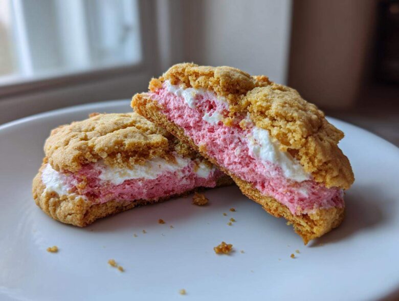 Close-up of Strawberry Cheesecake Stuffed Cookies cut in half, showing the thick pink filling.