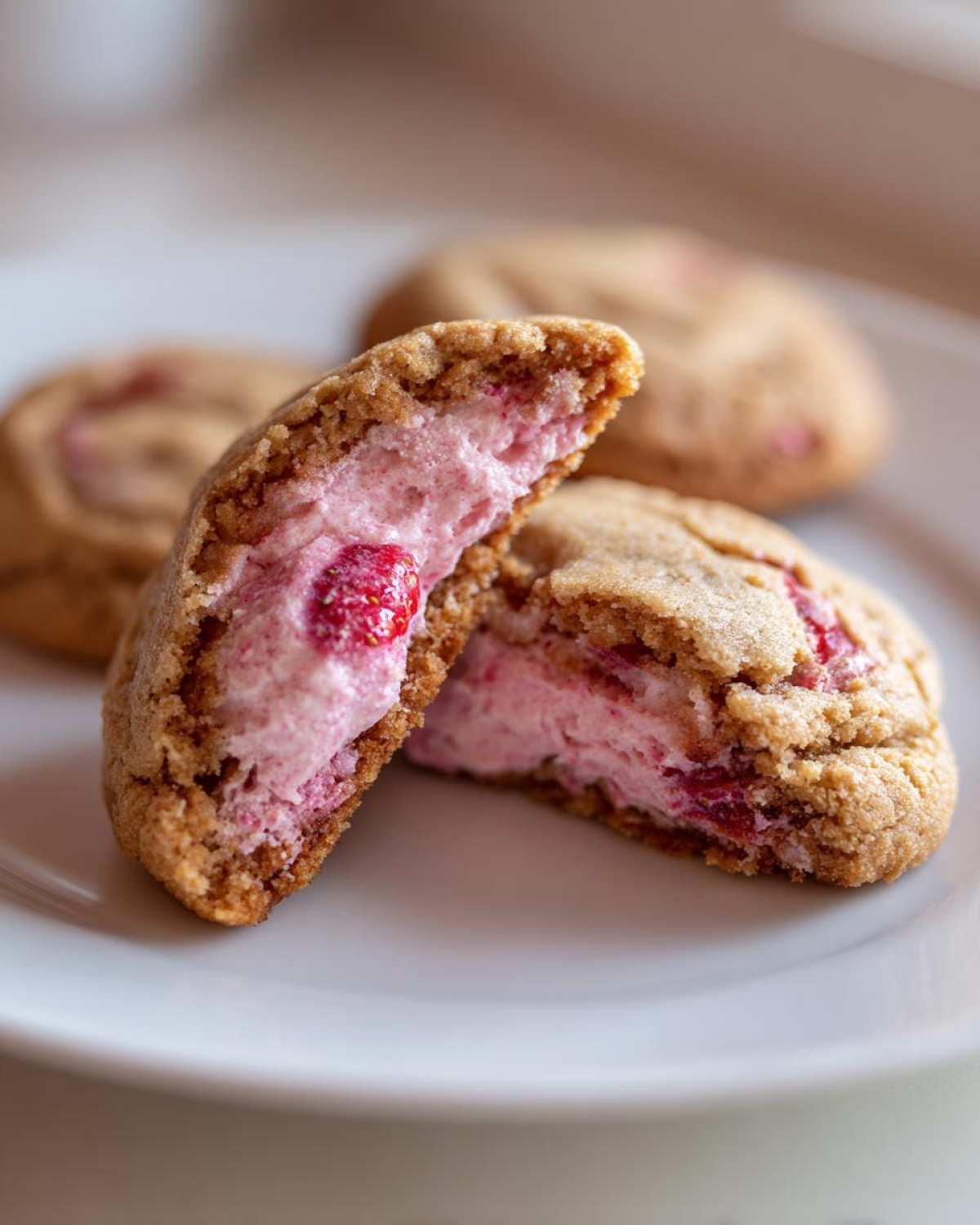 A close-up of Strawberry Cheesecake Stuffed Cookies cut in half, revealing the creamy pink filling and strawberry pieces.
