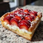 A close-up, appetizing shot of a Strawberry Cream Cheese Danish with flaky pastry, cream filling, and glazed sliced strawberries.