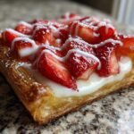 A close-up, mouthwatering shot of a single Strawberry Cream Cheese Danish featuring flaky pastry, cream cheese filling, and sliced strawberries with white icing.