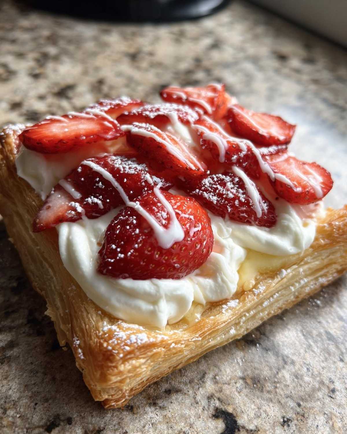 A flaky puff pastry topped with cream cheese filling, fresh sliced strawberries, and a white glaze, resembling a Strawberry Cream Cheese Danish.