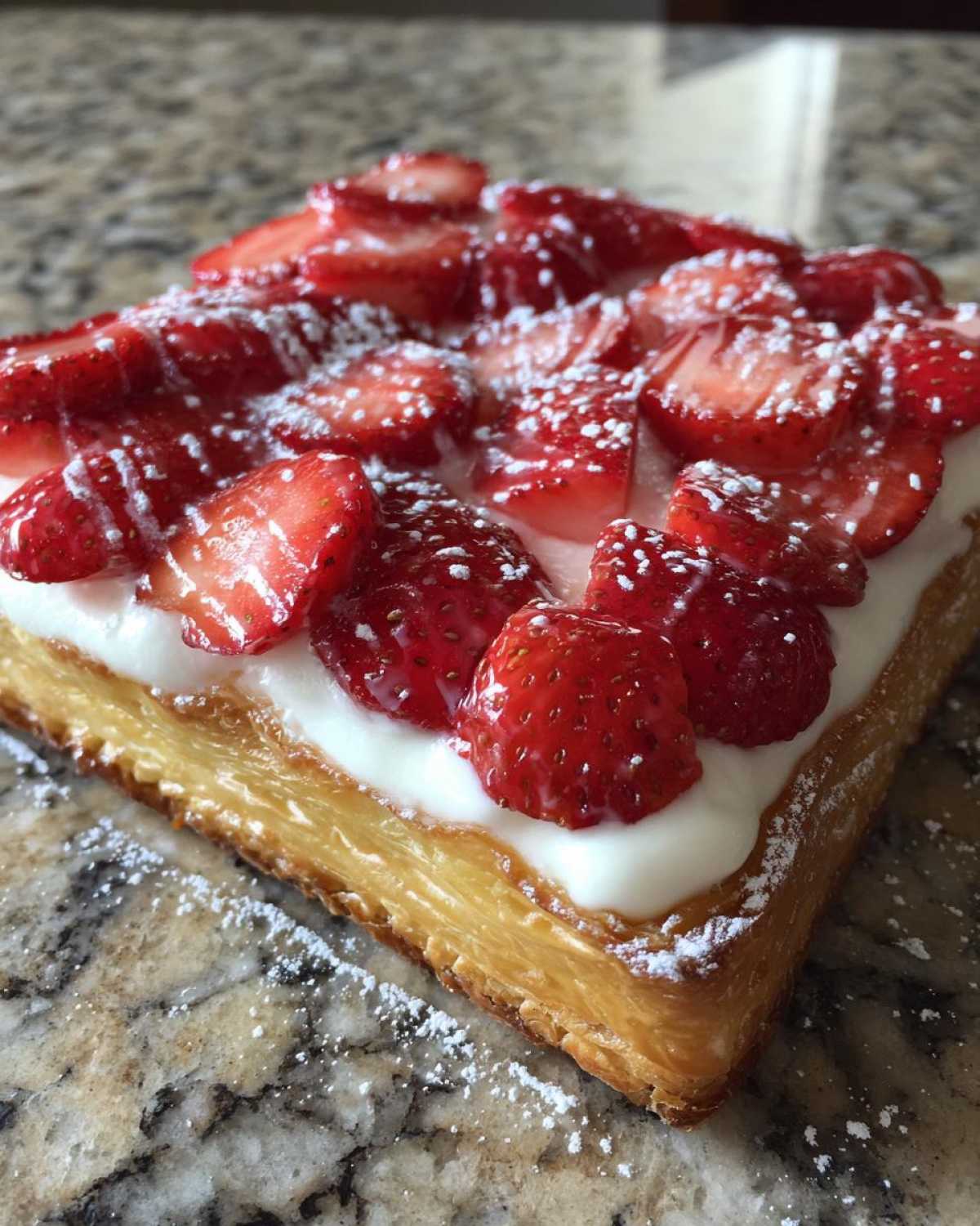 A close-up of a single Strawberry Cream Cheese Danish featuring flaky pastry, white cream cheese filling, and sliced strawberries dusted with powdered sugar.