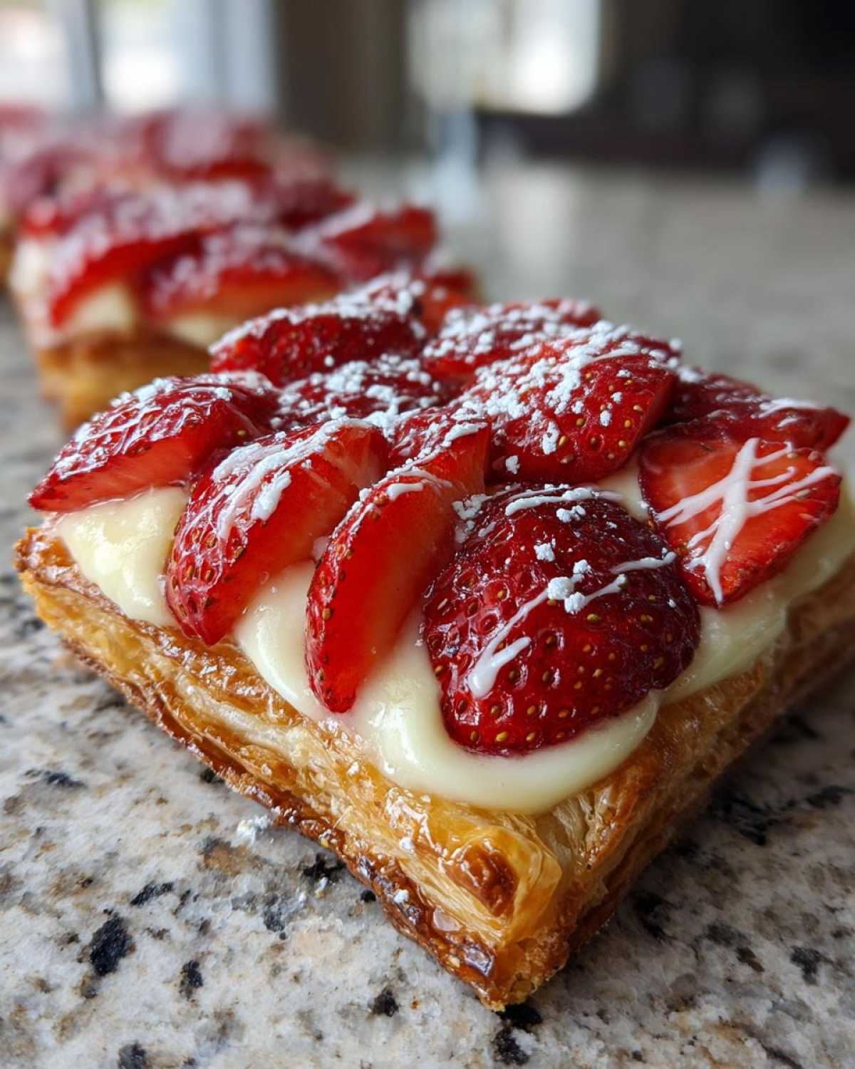 Close-up of a flaky pastry topped with cream cheese filling, fresh sliced strawberries, and powdered sugar, resembling a Strawberry Cream Cheese Danish.