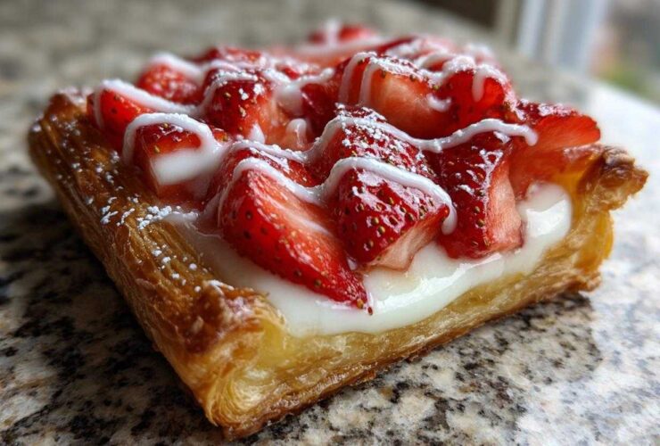 A close-up, mouthwatering shot of a single Strawberry Cream Cheese Danish featuring flaky pastry, cream cheese filling, and sliced strawberries with white icing.