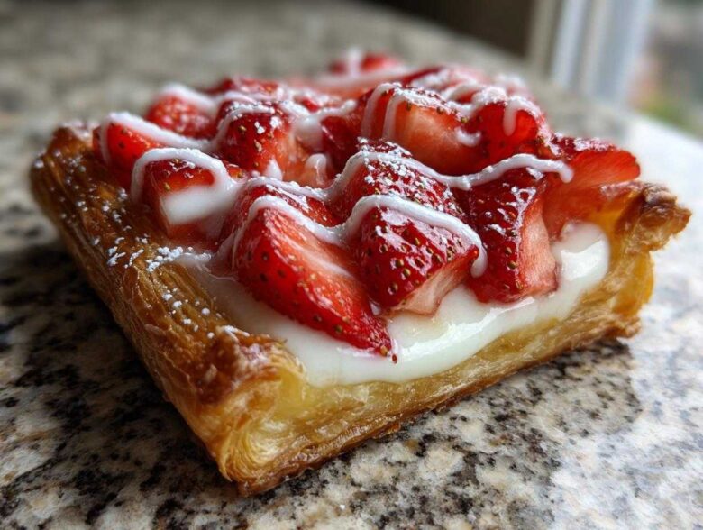 A close-up, mouthwatering shot of a single Strawberry Cream Cheese Danish featuring flaky pastry, cream cheese filling, and sliced strawberries with white icing.
