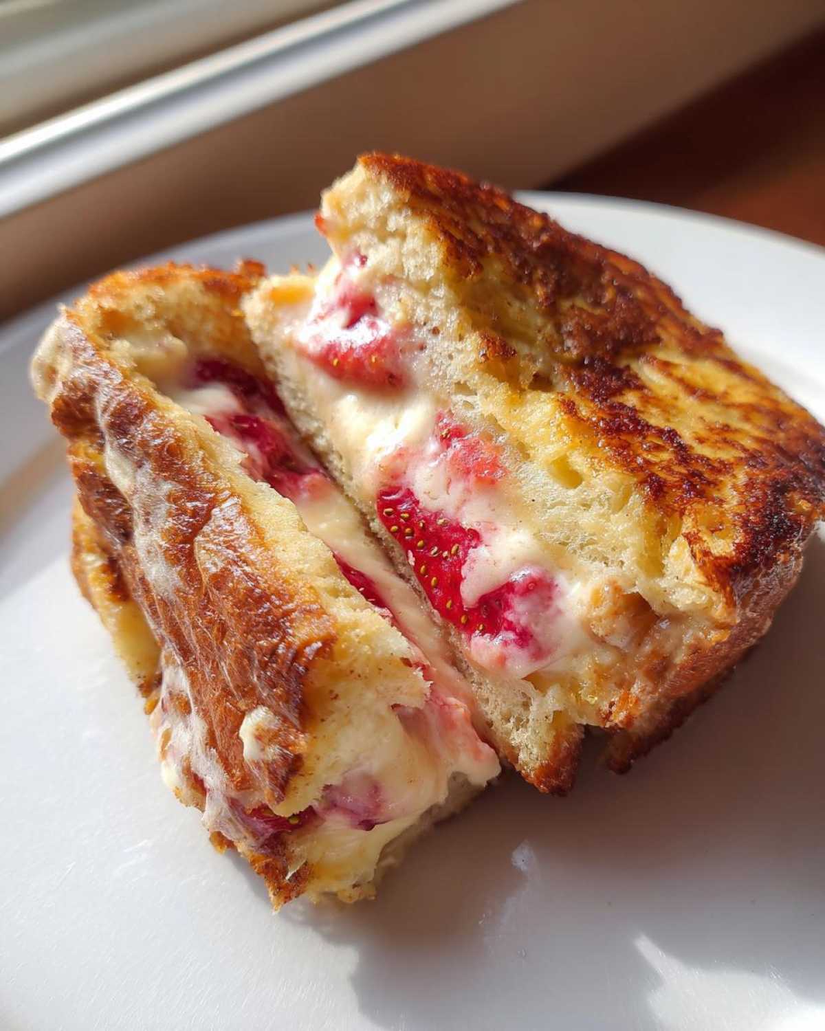 Close-up of Strawberry Cream Cheese Stuffed French Toast cut in half, showing creamy filling and fresh strawberries.