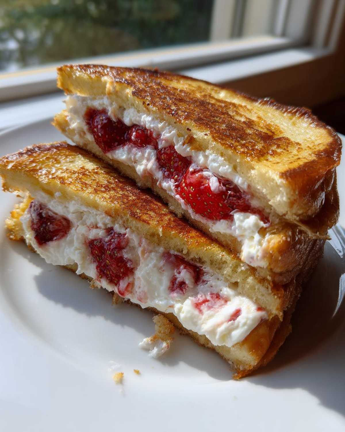 A close-up of Strawberry Cream Cheese Stuffed French Toast, cut diagonally and stacked, showing rich cream cheese and strawberry filling.