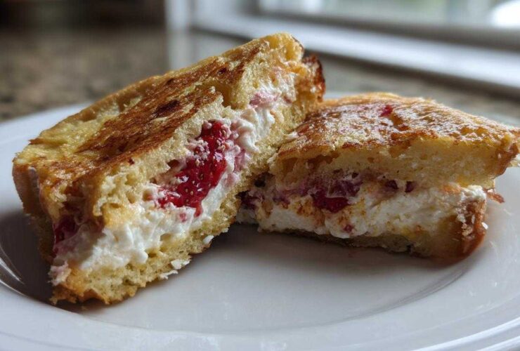 Close-up of Strawberry Cream Cheese Stuffed French Toast cut in half, showing creamy filling and strawberries.