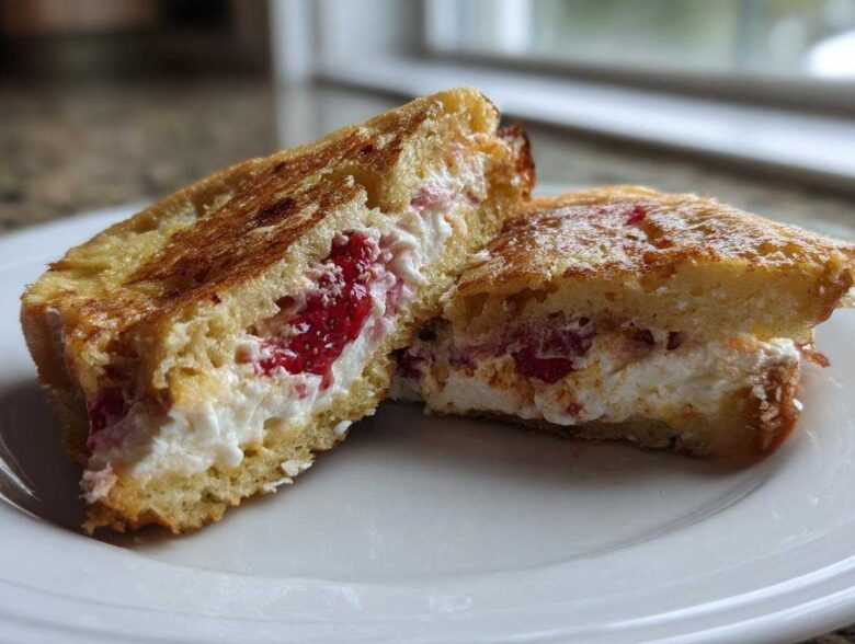Close-up of Strawberry Cream Cheese Stuffed French Toast cut in half, showing creamy filling and strawberries.