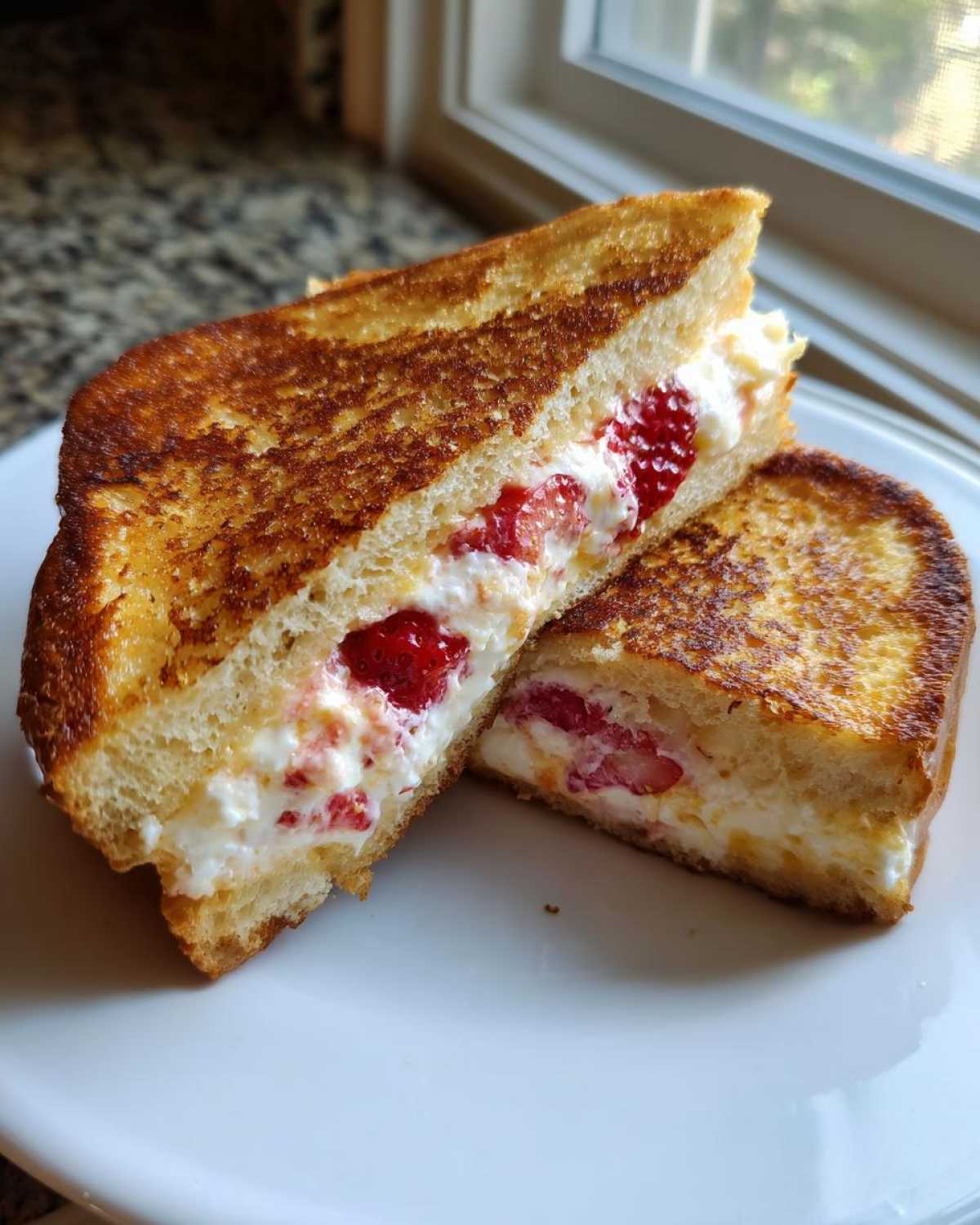 Two halves of golden brown Strawberry Cream Cheese Stuffed French Toast showing the creamy filling and sliced strawberries.