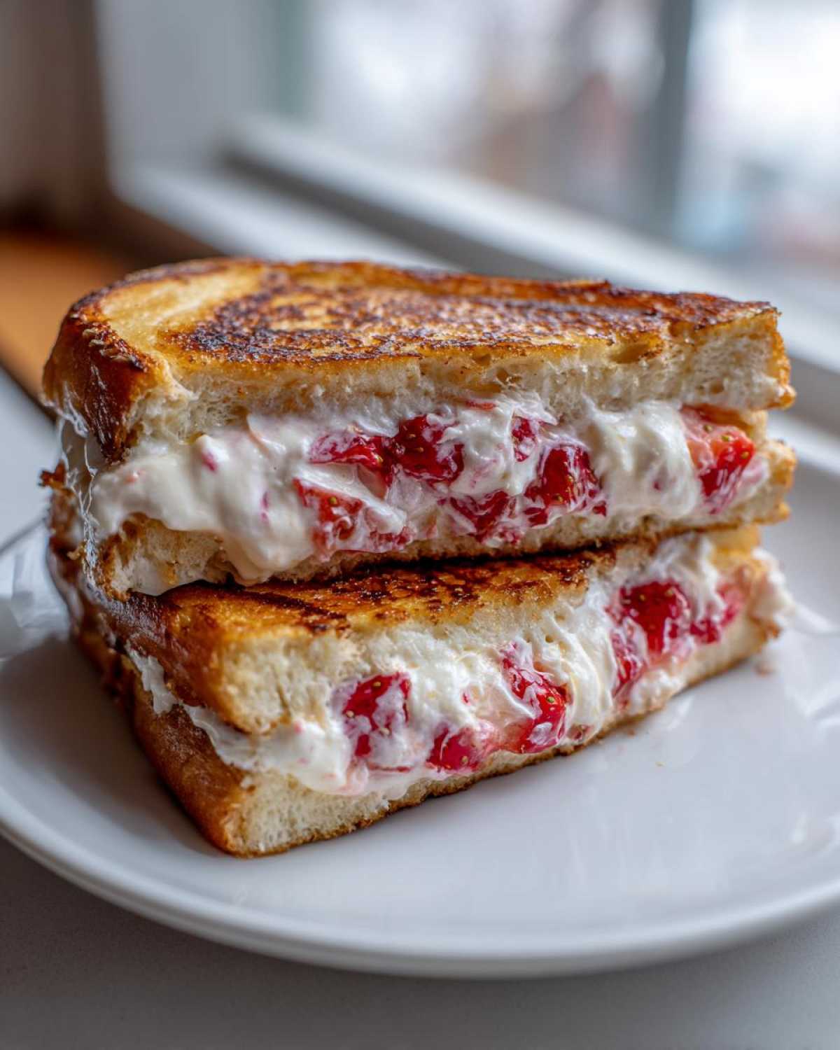 Two halves of Strawberry Cream Cheese Stuffed French Toast stacked on a white plate.