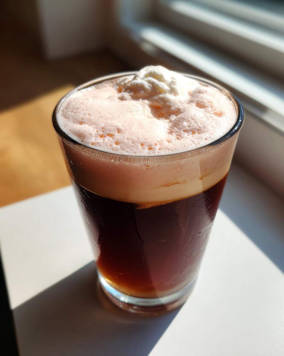 Close-up of a tall glass filled with Strawberry Cream Cold Brew coffee, topped with pink foam and a dollop of cream.
