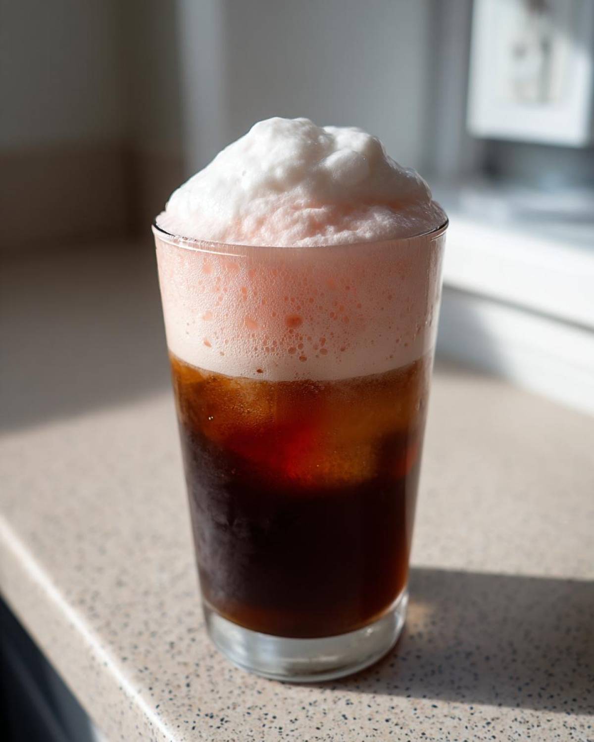 A tall glass filled with rich, dark cold brew coffee topped with thick, pink-tinged, frothy strawberry cream.