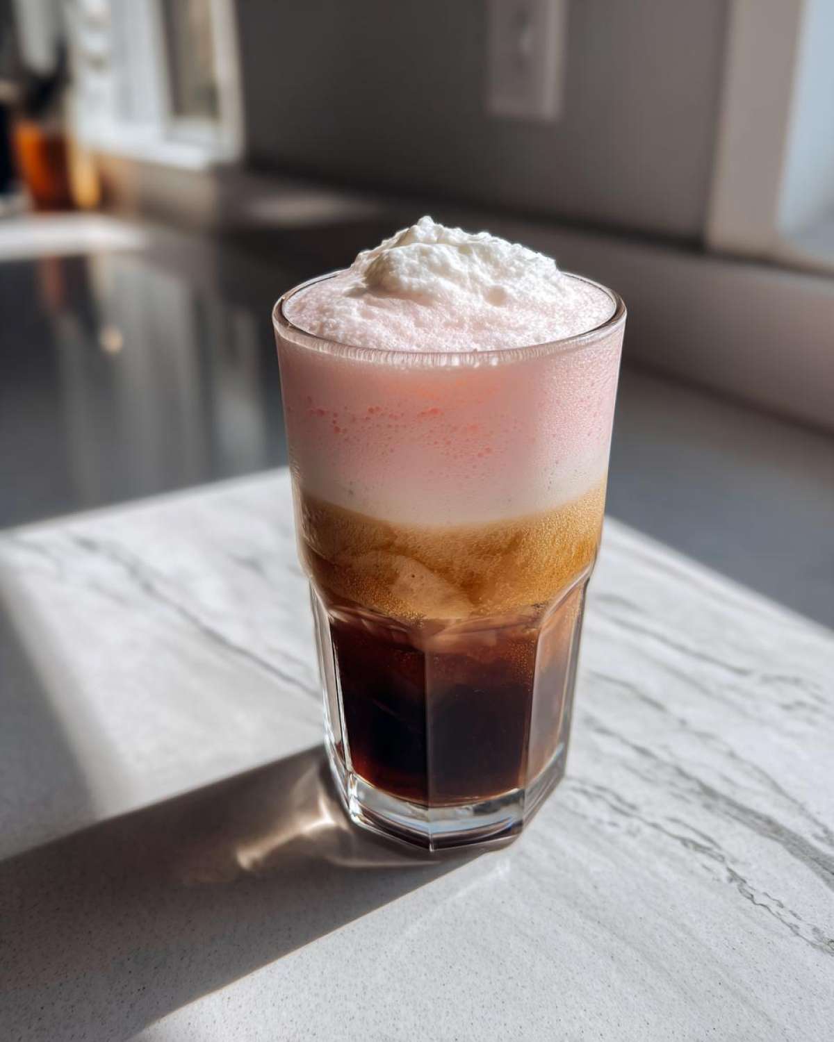 A tall glass showing the layers of Strawberry Cream Cold Brew: dark coffee below, pink foam middle, and white whipped topping.