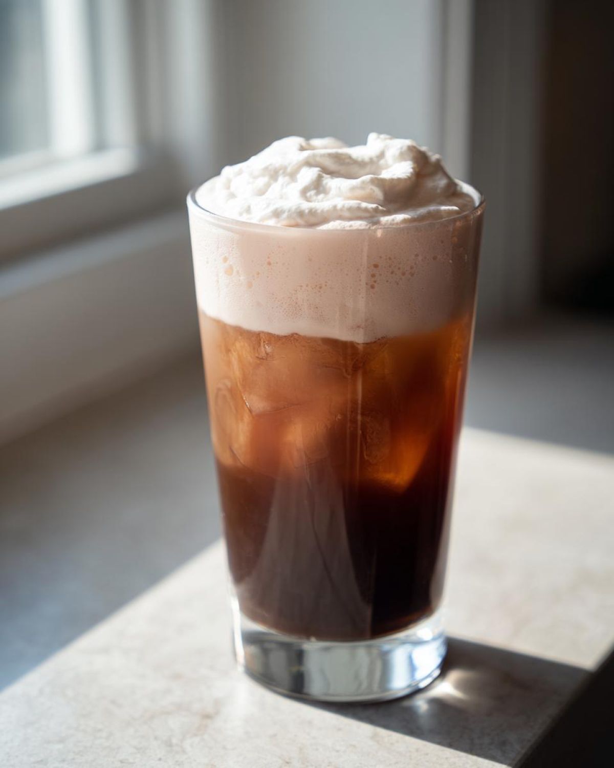 A tall glass of Strawberry Cream Cold Brew over ice, topped with thick whipped cream.