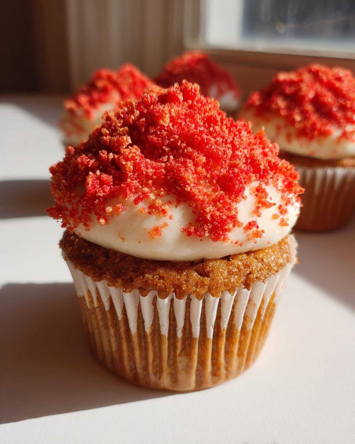 A close-up of one of the Strawberry Crunch Cupcakes topped with white frosting and vibrant red crunch topping.