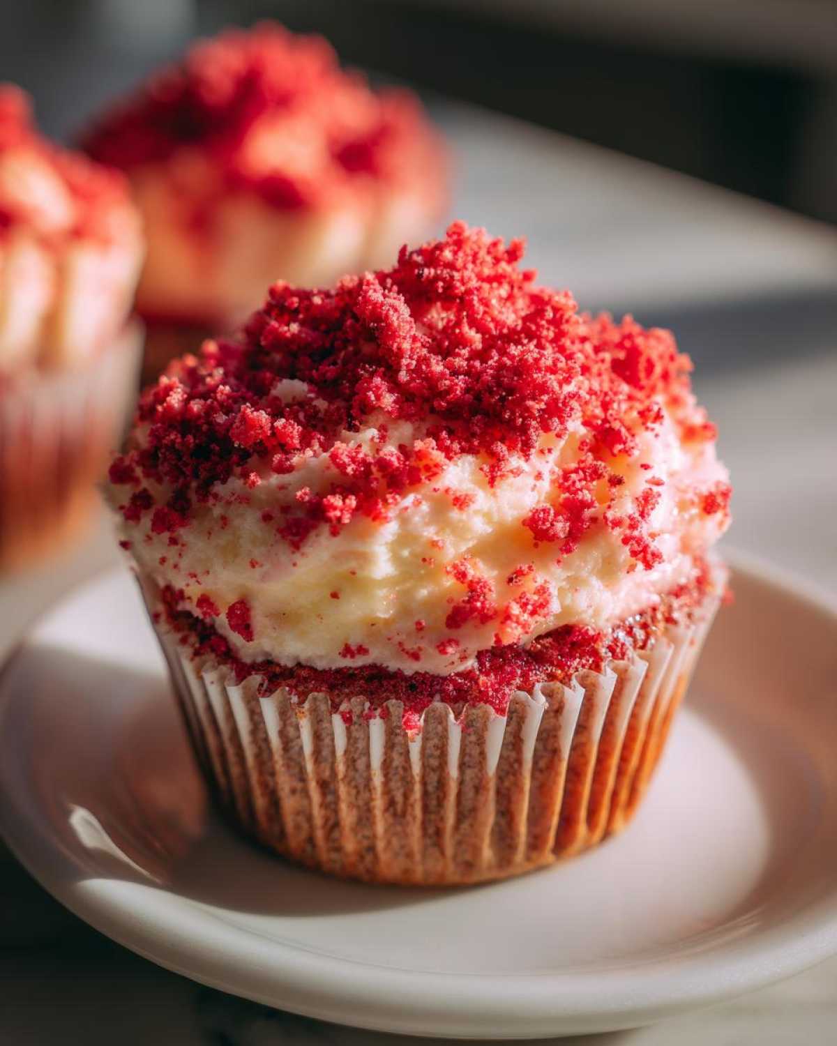 A close-up of a single Strawberry Crunch Cupcakes topped with white frosting and bright red strawberry crunch crumbs.