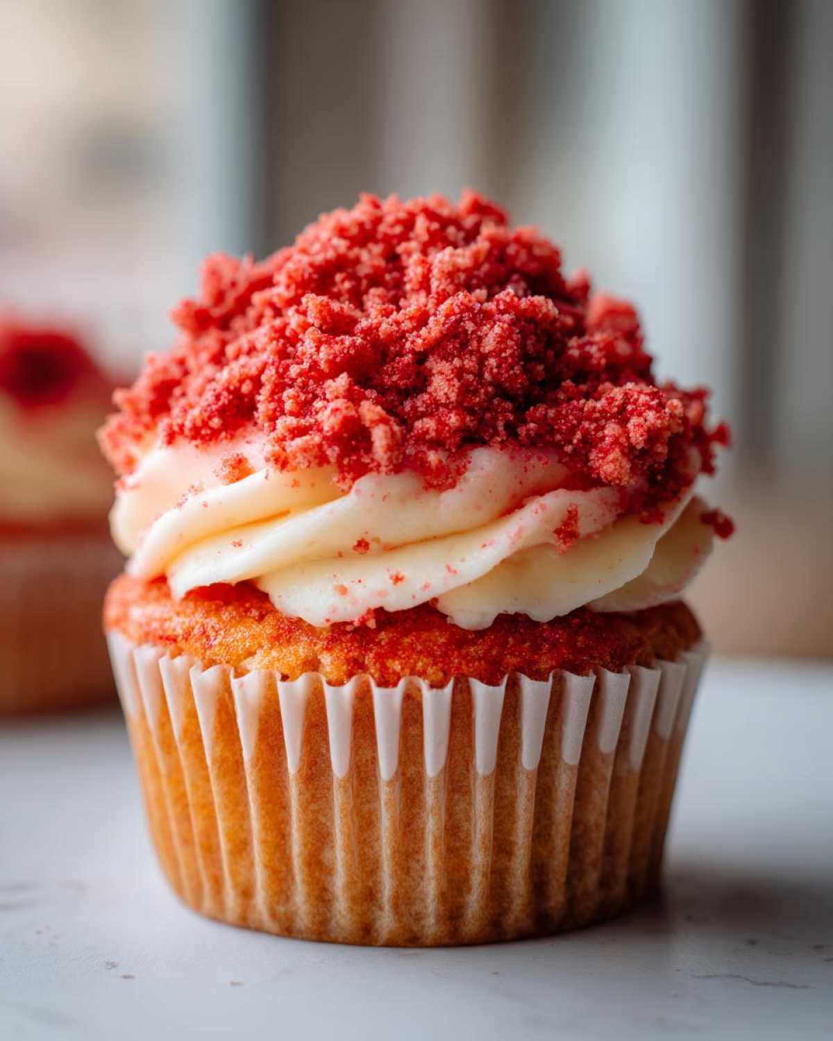 A close-up of a perfectly frosted Strawberry Crunch Cupcakes topped with bright red, crumbly crunch topping.