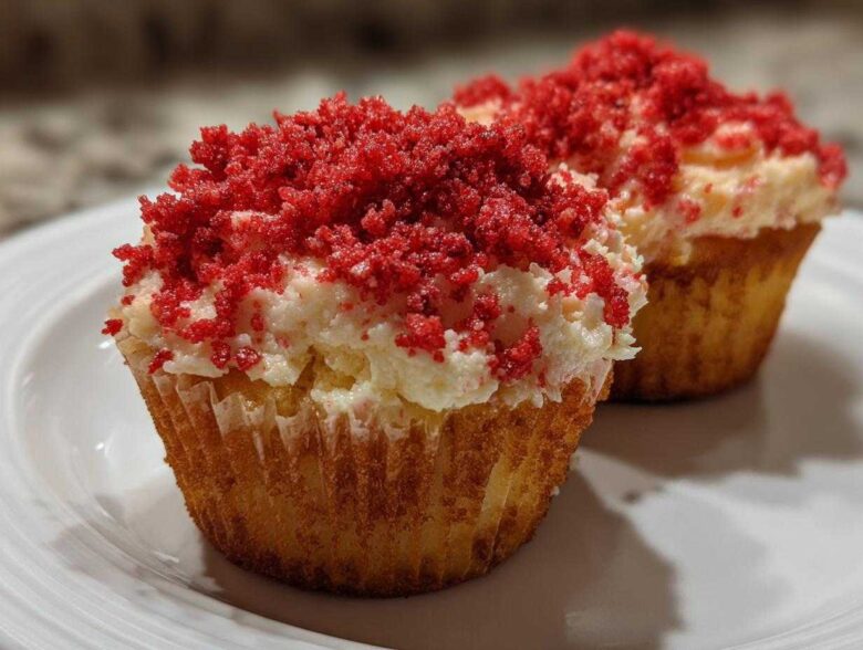 Two delicious Strawberry Crunch Cupcakes topped with white frosting and bright red crunchy crumbs.