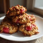 A stack of freshly baked Strawberry Oatmeal Breakfast Cookies featuring visible chunks of bright red strawberries.