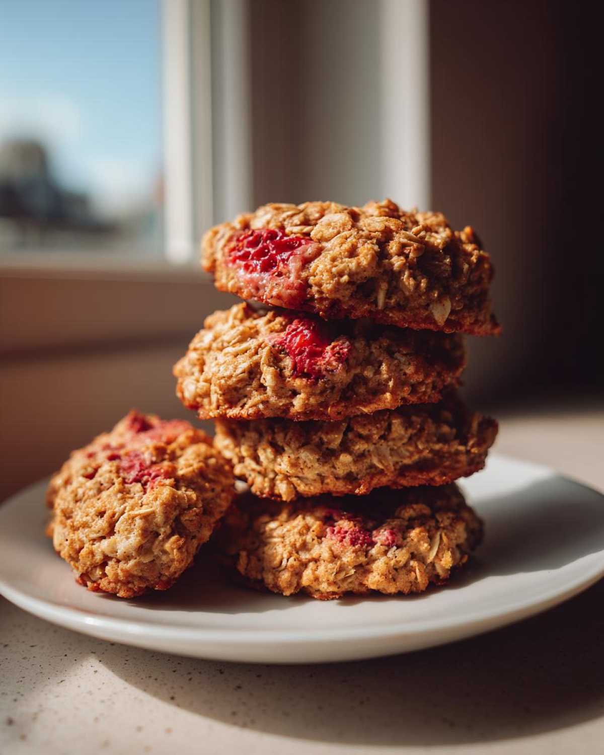 A stack of four golden Strawberry Oatmeal Breakfast Cookies with visible strawberry pieces on a white plate.