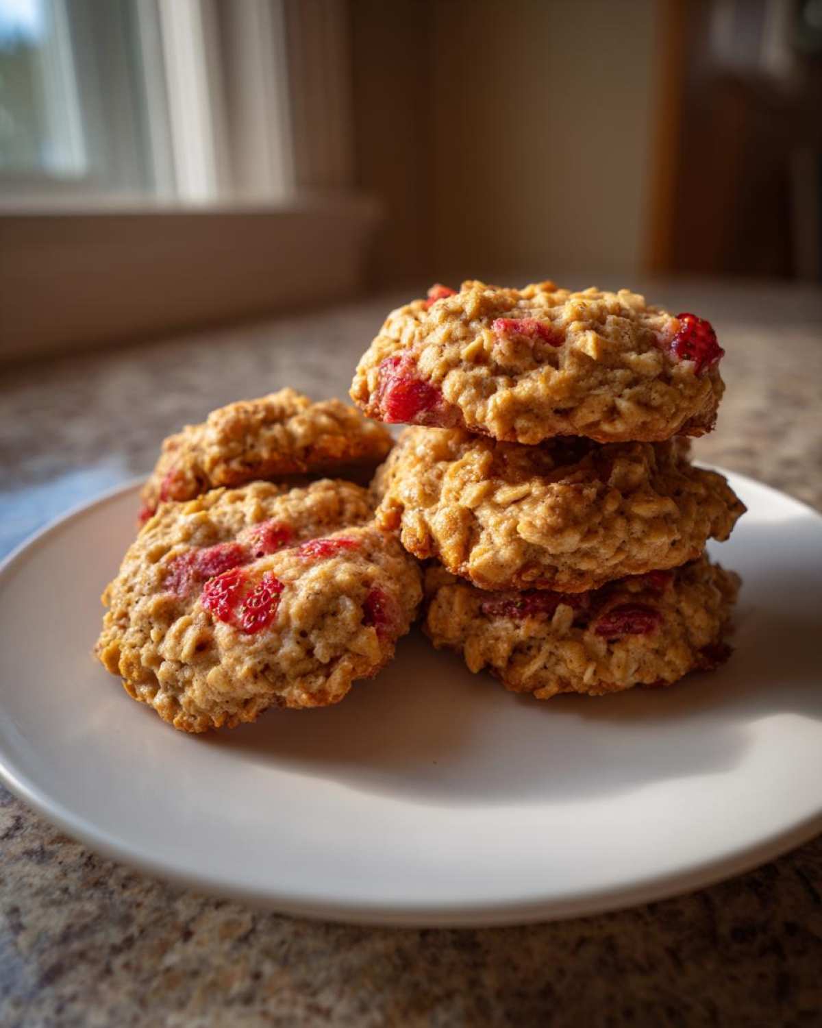 A stack of freshly baked Strawberry Oatmeal Breakfast Cookies with visible chunks of red strawberry on a white plate.
