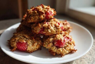A stack of freshly baked Strawberry Oatmeal Breakfast Cookies featuring visible chunks of bright red strawberries.