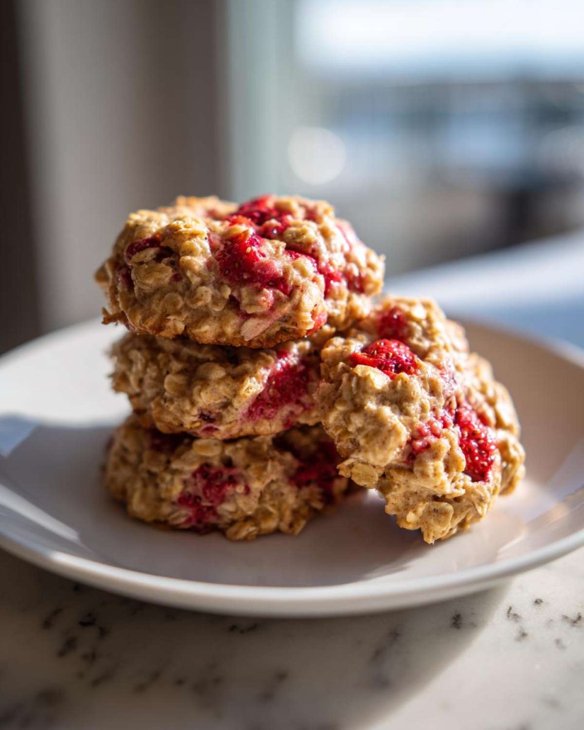 A stack of three delicious Strawberry Oatmeal Breakfast Cookies with visible chunks of bright red fruit on a white plate.