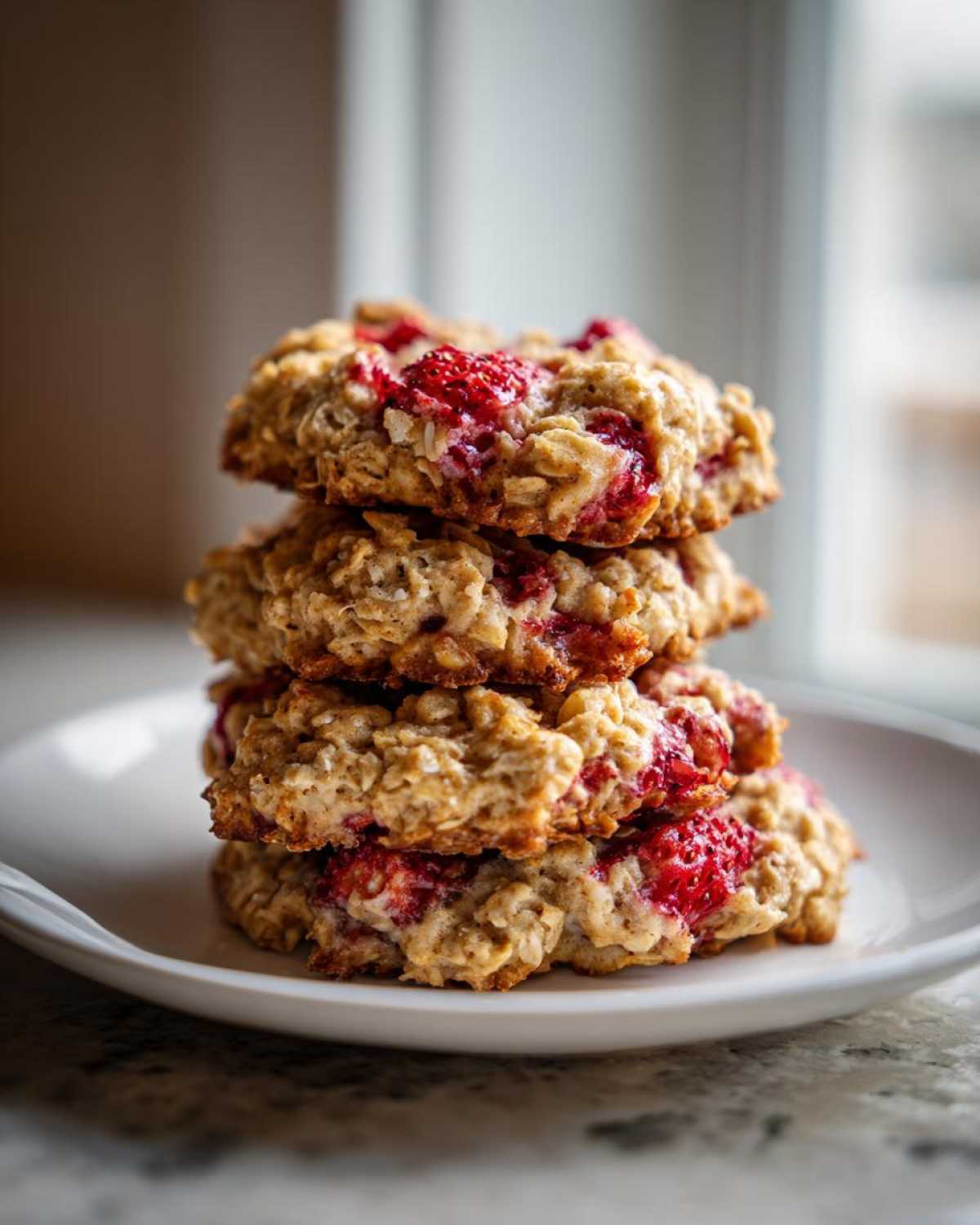 A stack of four delicious Strawberry Oatmeal Breakfast Cookies with visible oats and bright red strawberry pieces.