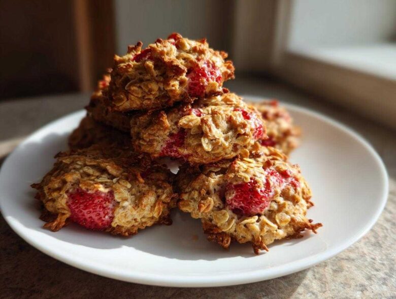 A stack of freshly baked Strawberry Oatmeal Breakfast Cookies featuring visible chunks of bright red strawberries.