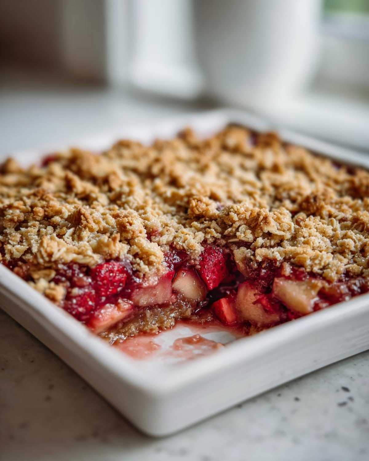 A square white dish showing a serving removed from the Strawberry Rhubarb Crisp, revealing the bubbly fruit filling and oat topping.