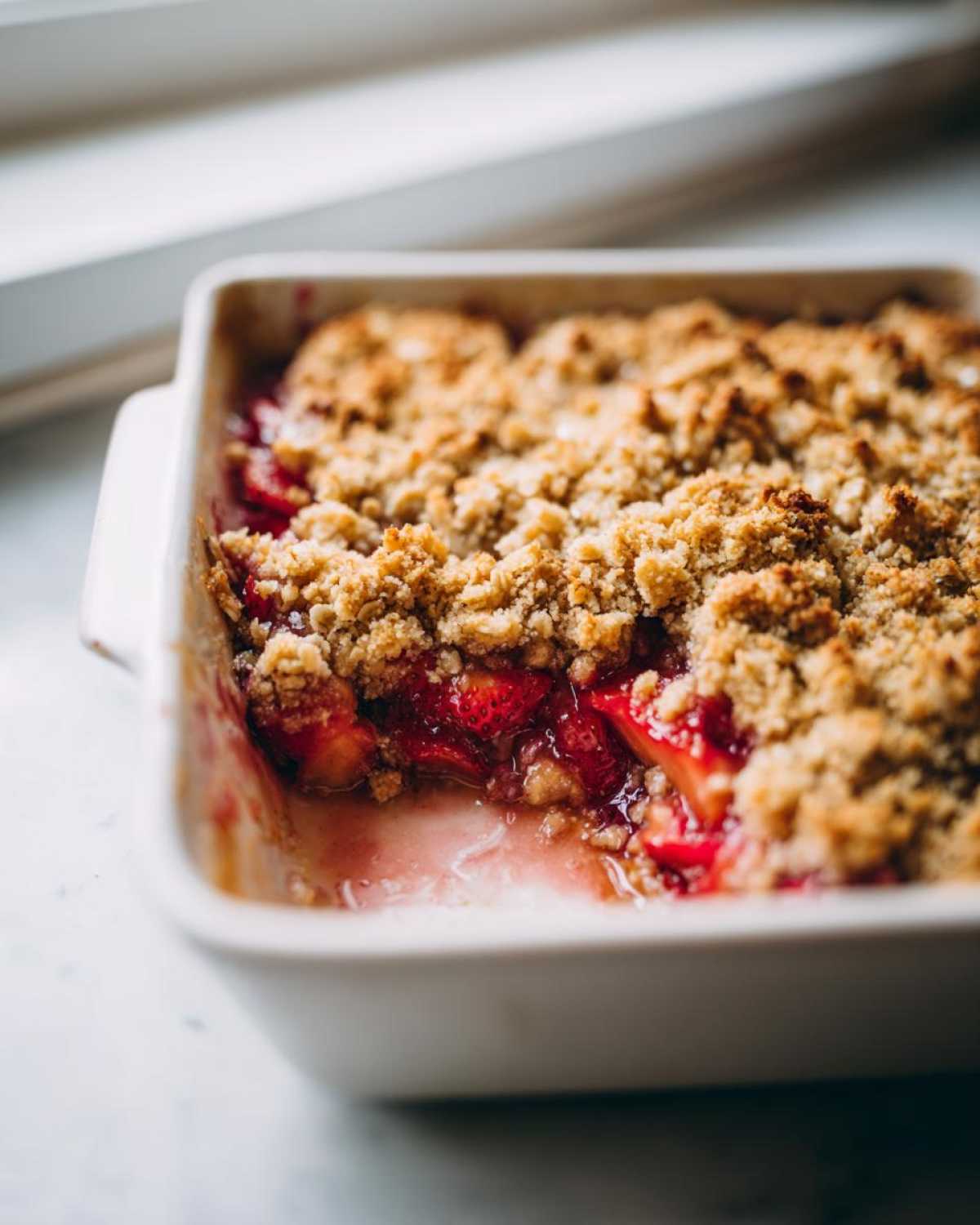 Close-up of a square baking dish containing a warm Strawberry Rhubarb Crisp with a golden, crumbly topping.
