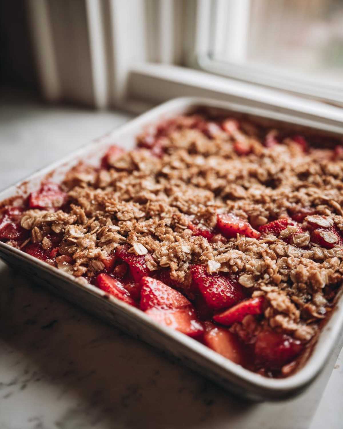 Close-up of a freshly baked Strawberry Rhubarb Crisp with bubbly fruit filling and golden oat topping.